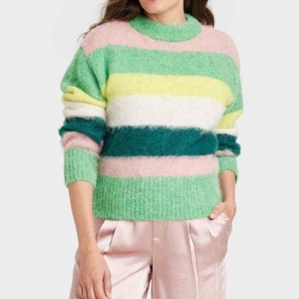 A new day Fuffy Striped Green & Pink Mock Neck Sweater L